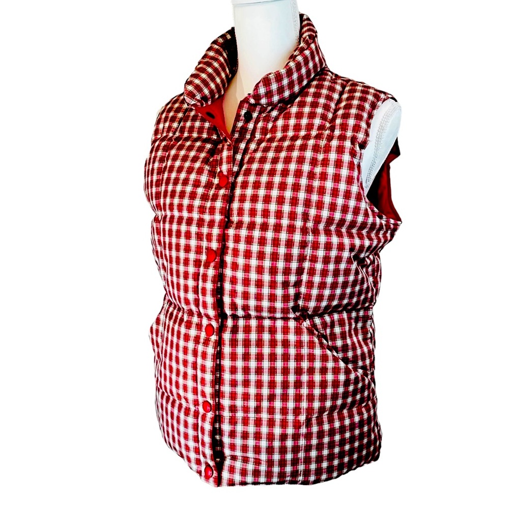 LANDS END Red White Plaid Goose‎ Down Puffy Puffer Vest Sz Small Tartan Preppy